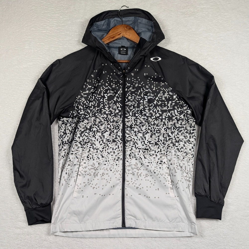 Oakley Windbreaker Jacket Mens Small Black Digital Pixel Gradient Golf Hoodie‎